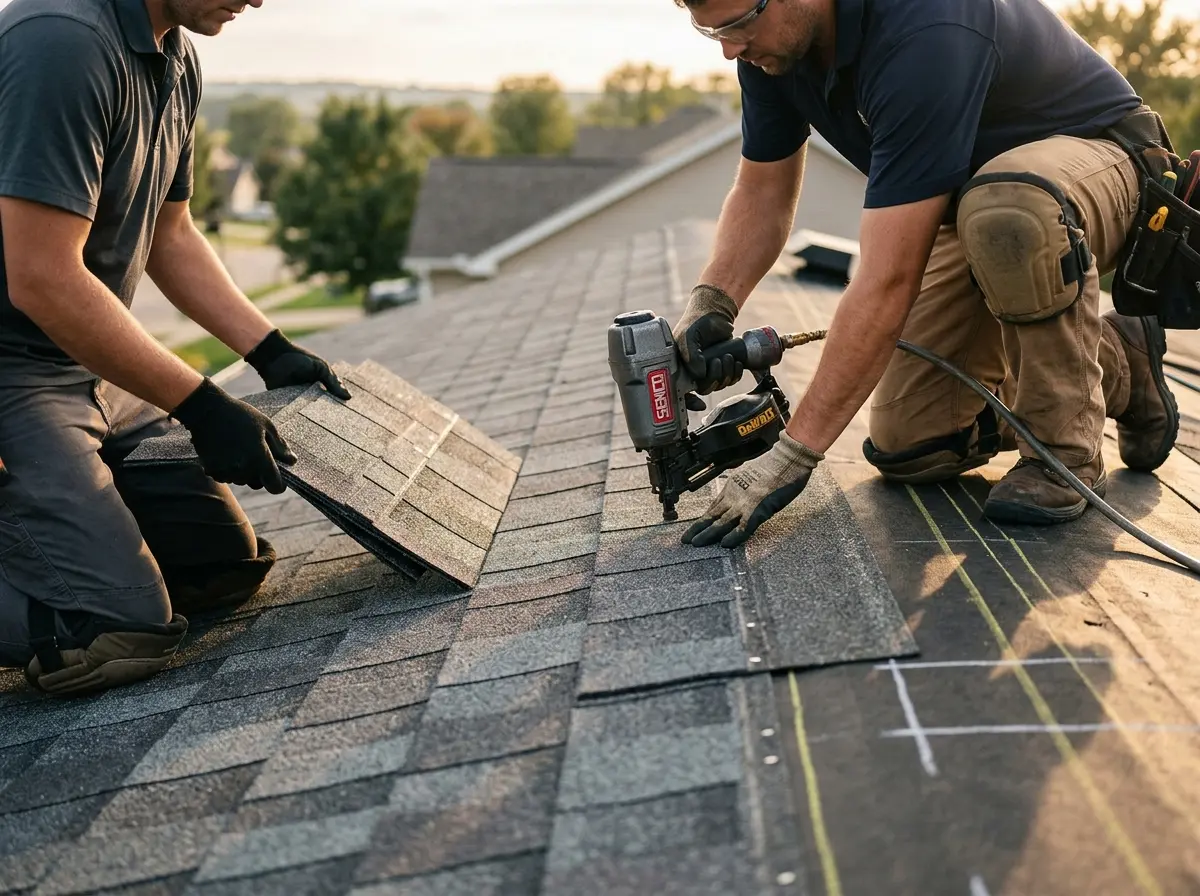 Professional roofer working on a residential roof in Bigfork